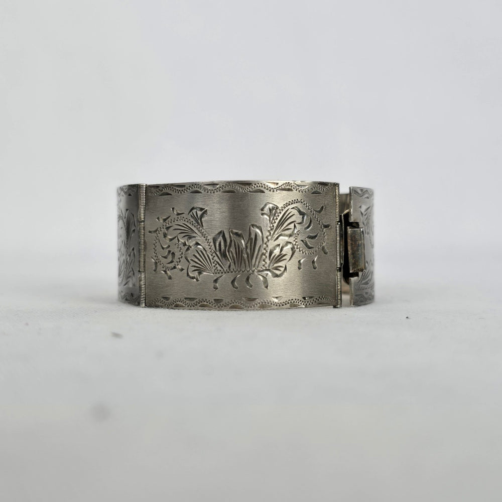 Sterling Silver 925 Wide Cuff Bracelet Floral Engraved Vintage