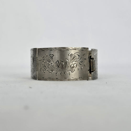 Sterling Silver 925 Wide Cuff Bracelet Floral Engraved Vintage