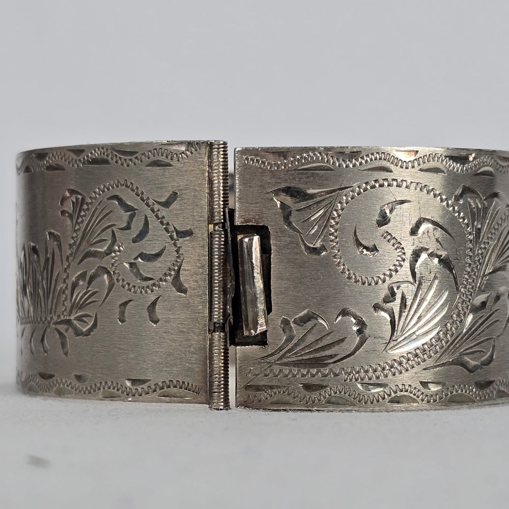Sterling Silver 925 Wide Cuff Bracelet Floral Engraved Vintage
