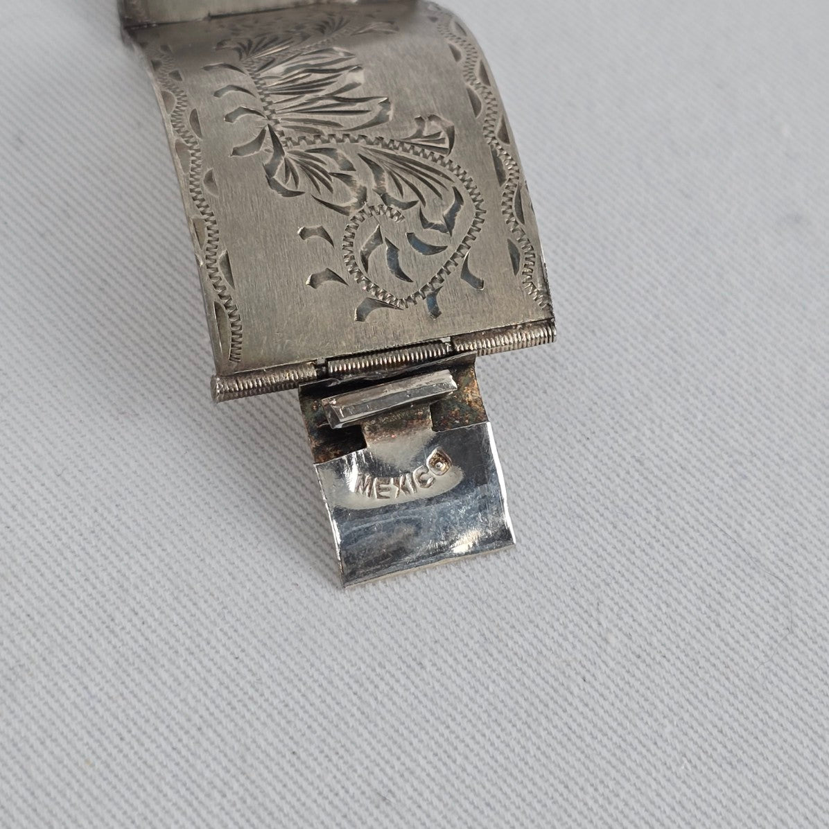 Sterling Silver 925 Wide Cuff Bracelet Floral Engraved Vintage