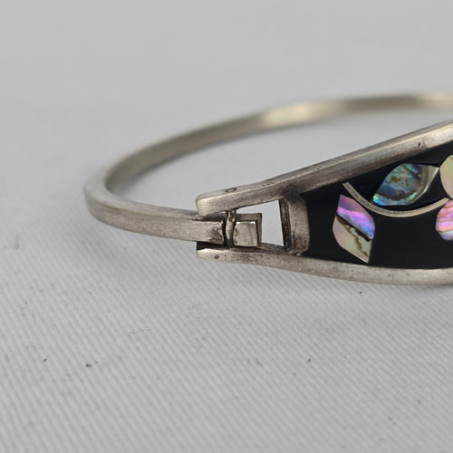 925 Sterling Abalone Inlay Hinged Bangle Bracelet