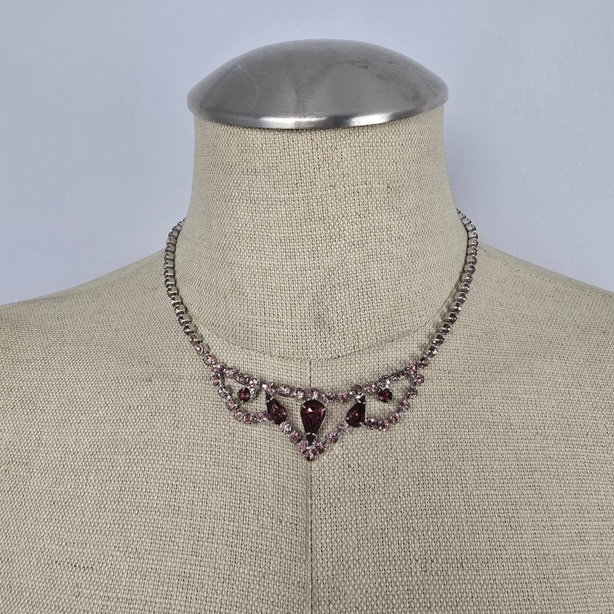 Vintage Pink & Silver Rhinestone Statement Necklace