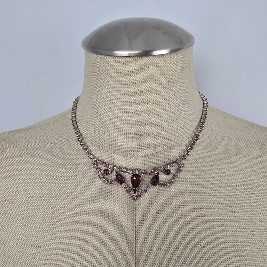 Vintage Pink & Silver Rhinestone Statement Necklace