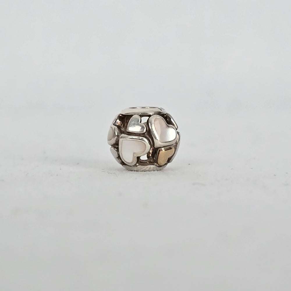 Pandora Sterling Silver 14K Gold Luminous Hearts Charm with Mother of Pearl