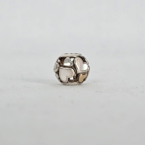 Pandora Sterling Silver 14K Gold Luminous Hearts Charm with Mother of Pearl