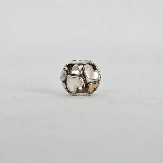 Pandora Sterling Silver 14K Gold Luminous Hearts Charm with Mother of Pearl
