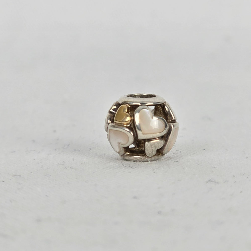 Pandora Sterling Silver 14K Gold Luminous Hearts Charm with Mother of Pearl