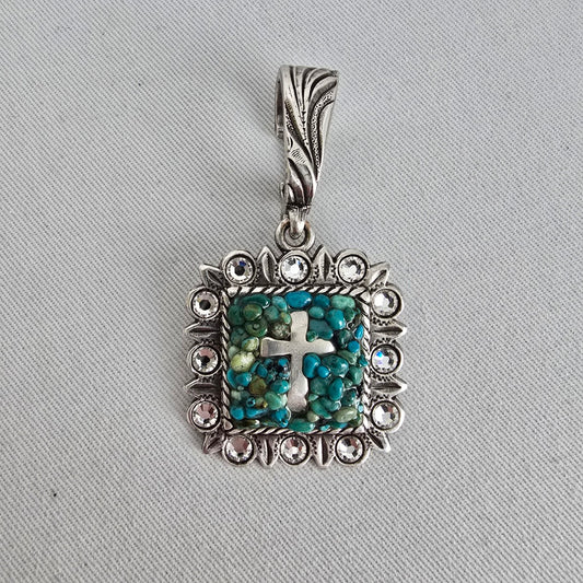 Faux Turquoise Cross Pendant Rhinestone Frame Statement Charm Silver Tone