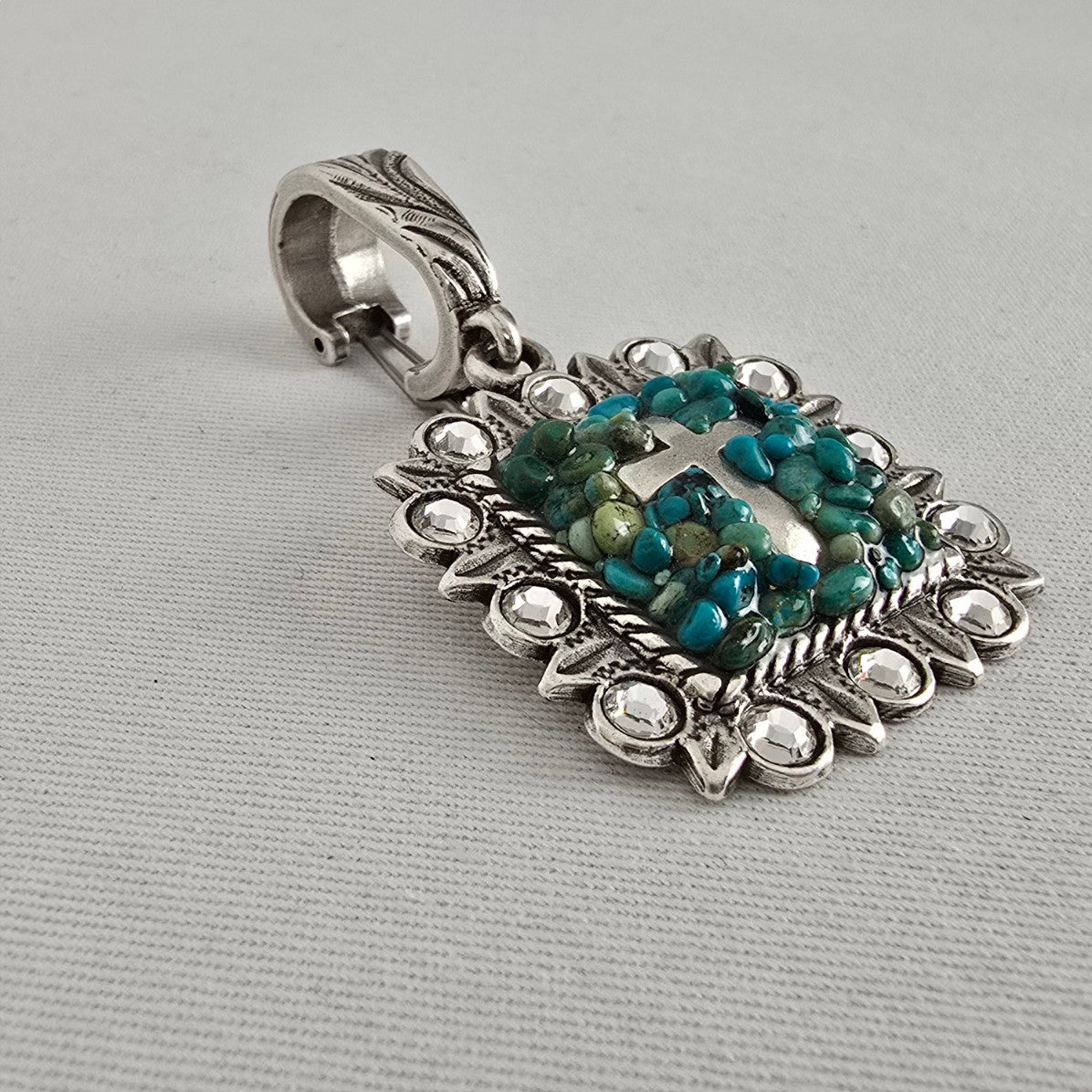 Faux Turquoise Cross Pendant Rhinestone Frame Statement Charm Silver Tone