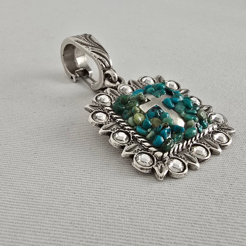 Faux Turquoise Cross Pendant Rhinestone Frame Statement Charm Silver Tone