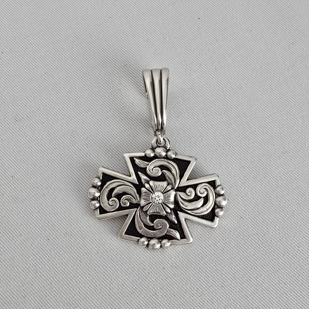 Vintage Ornate Cross Pendant Western Floral Engraved Silver Tone Statement