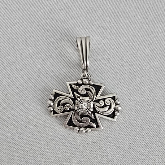 Vintage Ornate Cross Pendant Western Floral Engraved Silver Tone Statement