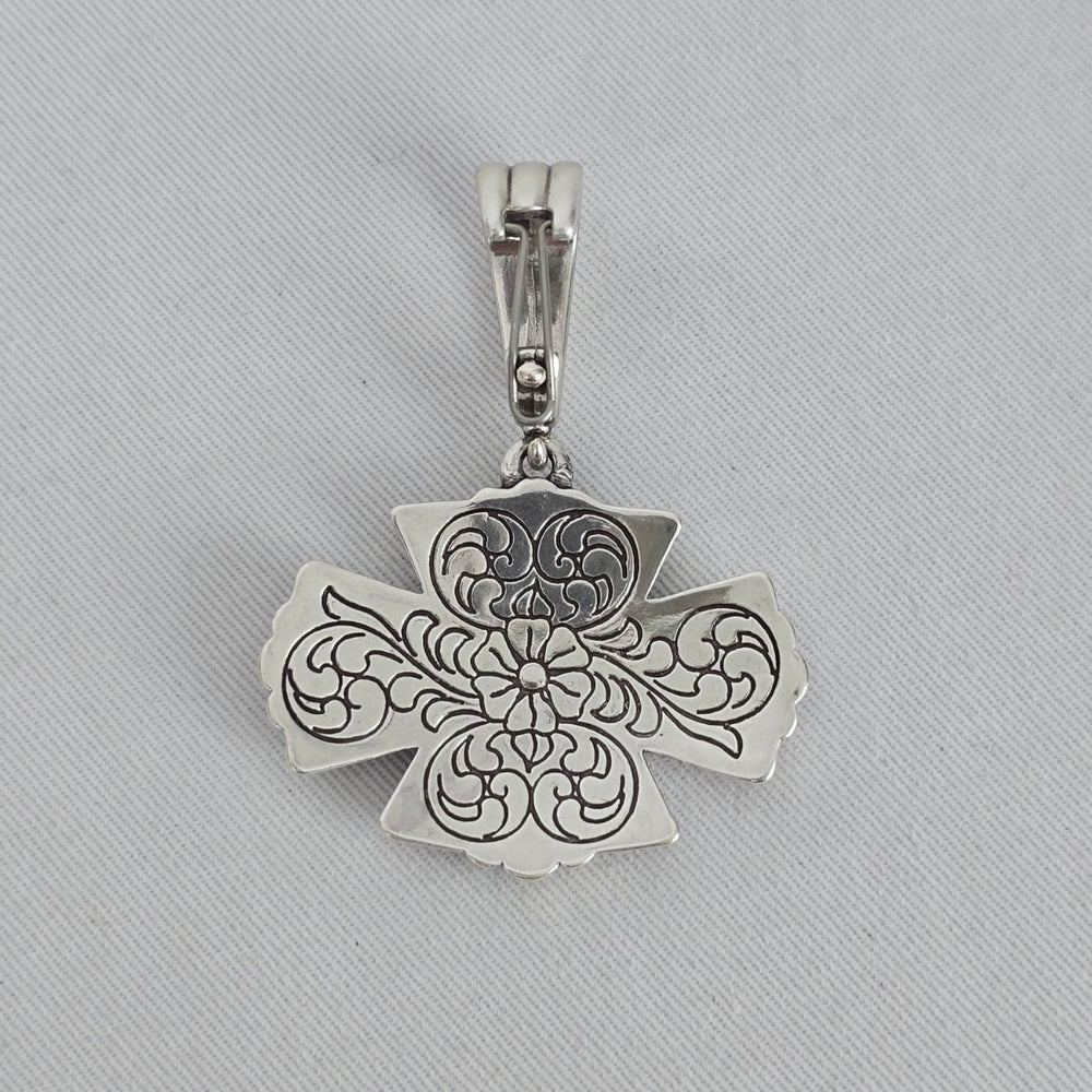 Vintage Ornate Cross Pendant Western Floral Engraved Silver Tone Statement
