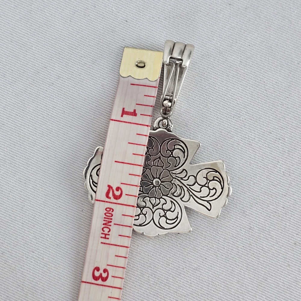 Vintage Ornate Cross Pendant Western Floral Engraved Silver Tone Statement