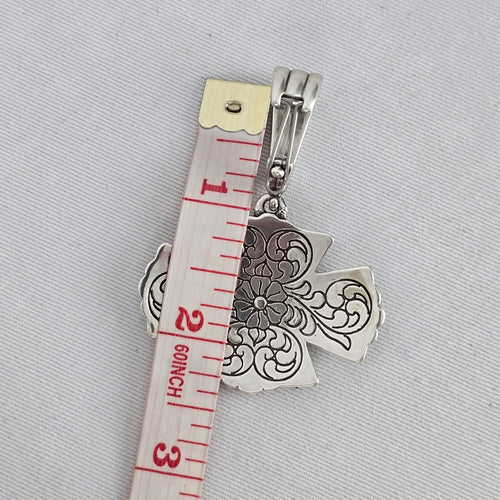 Vintage Ornate Cross Pendant Western Floral Engraved Silver Tone Statement