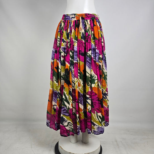 Vintage Higher State Floral Midi Skirt Boho Bright Elastic Waist Size M/L