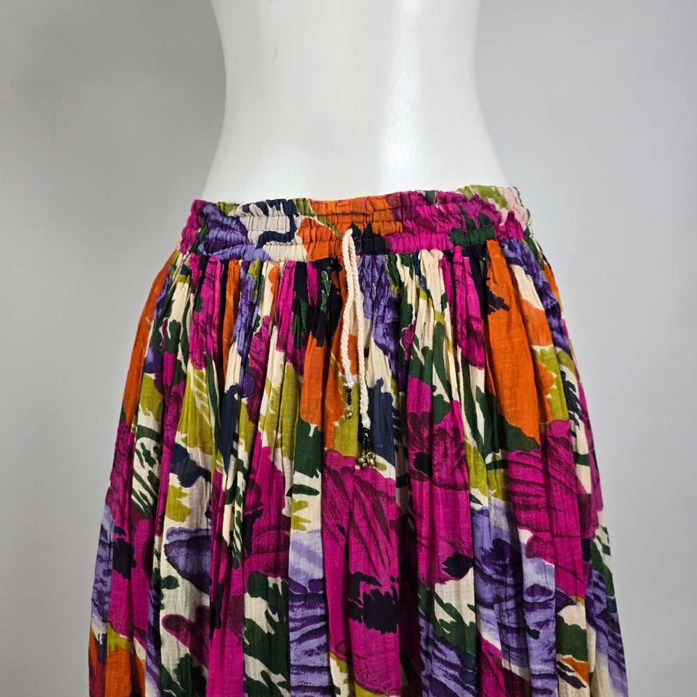 Vintage Higher State Floral Midi Skirt Boho Bright Elastic Waist Size M/L