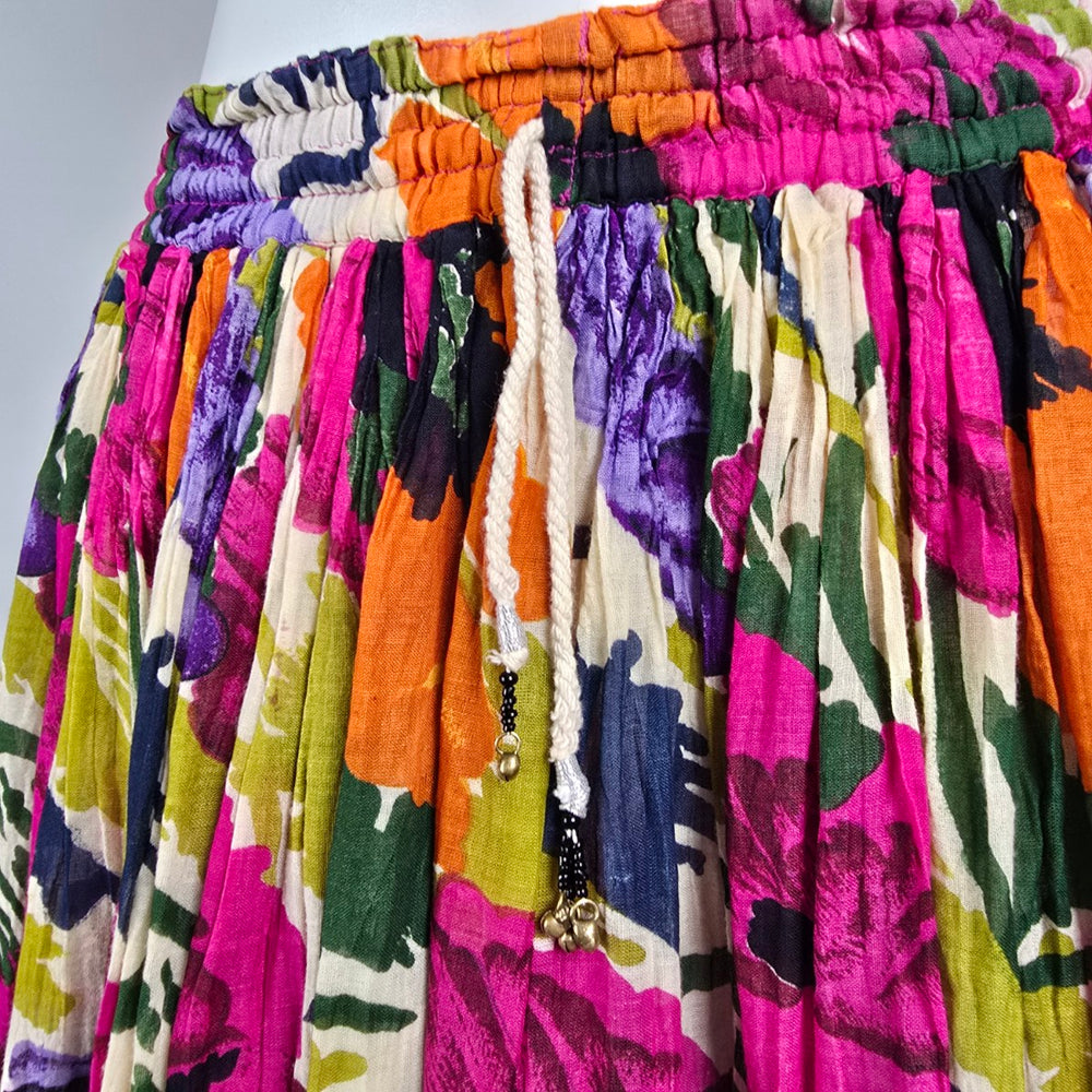 Vintage Higher State Floral Midi Skirt Boho Bright Elastic Waist Size M/L