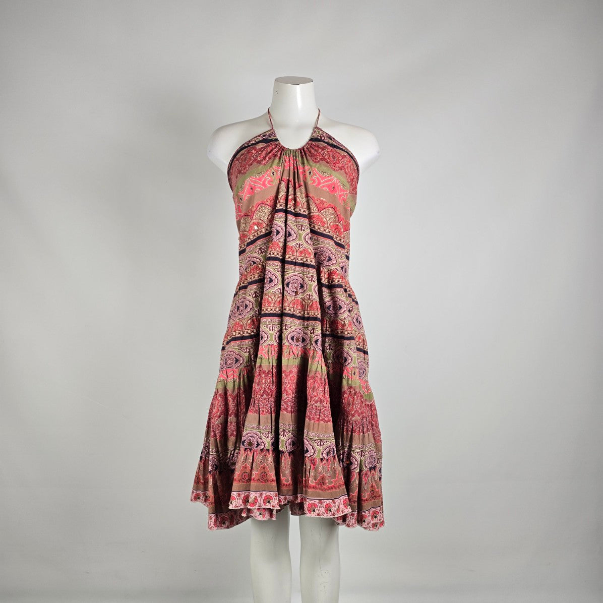Nolita Convertible Halter Dress Boho Paisley Skirt Pink Brown M