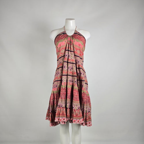 Nolita Convertible Halter Dress Boho Paisley Skirt Pink Brown M