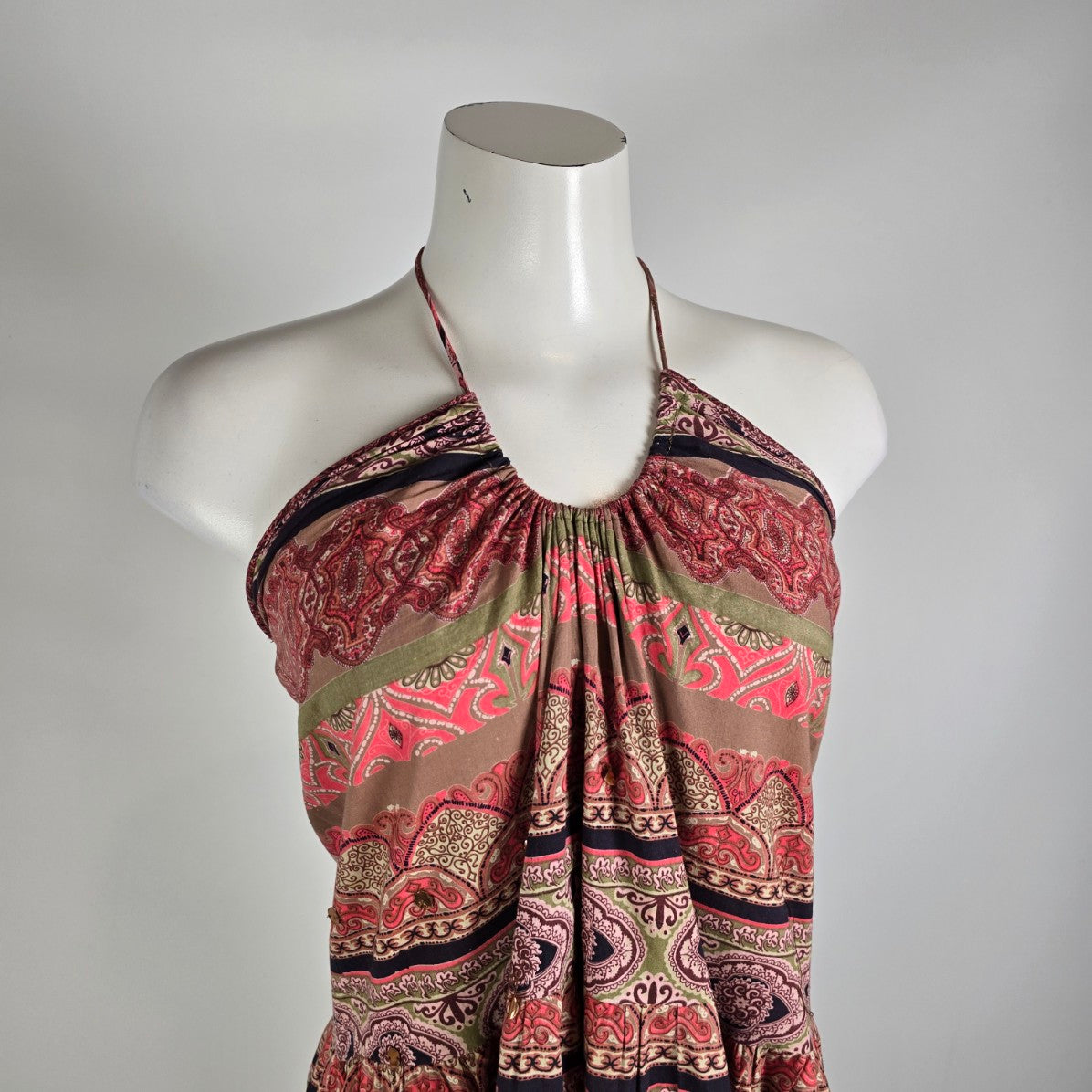 Nolita Convertible Halter Dress Boho Paisley Skirt Pink Brown M