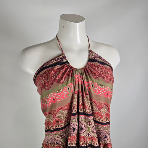 Nolita Convertible Halter Dress Boho Paisley Skirt Pink Brown M