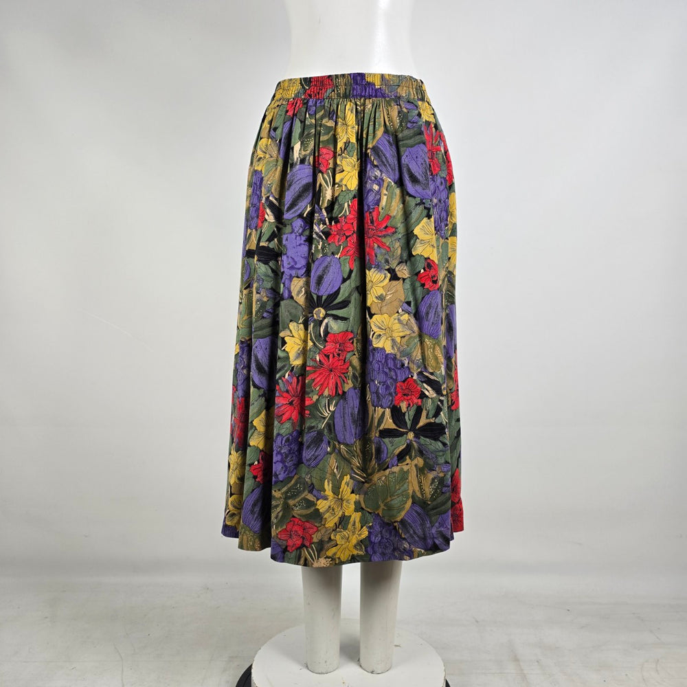 Vintage Floral Midi Skirt Viscose Elastic Waist 90s European Cottagecore