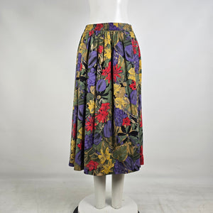 Vintage Floral Midi Skirt Viscose Elastic Waist 90s European Cottagecore