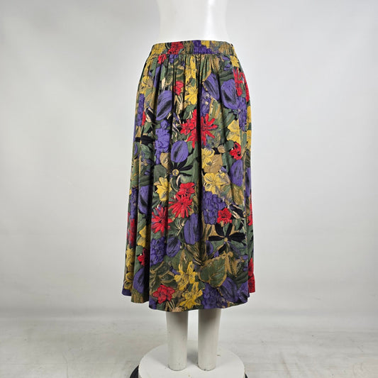 Vintage Floral Midi Skirt Viscose Elastic Waist 90s European Cottagecore