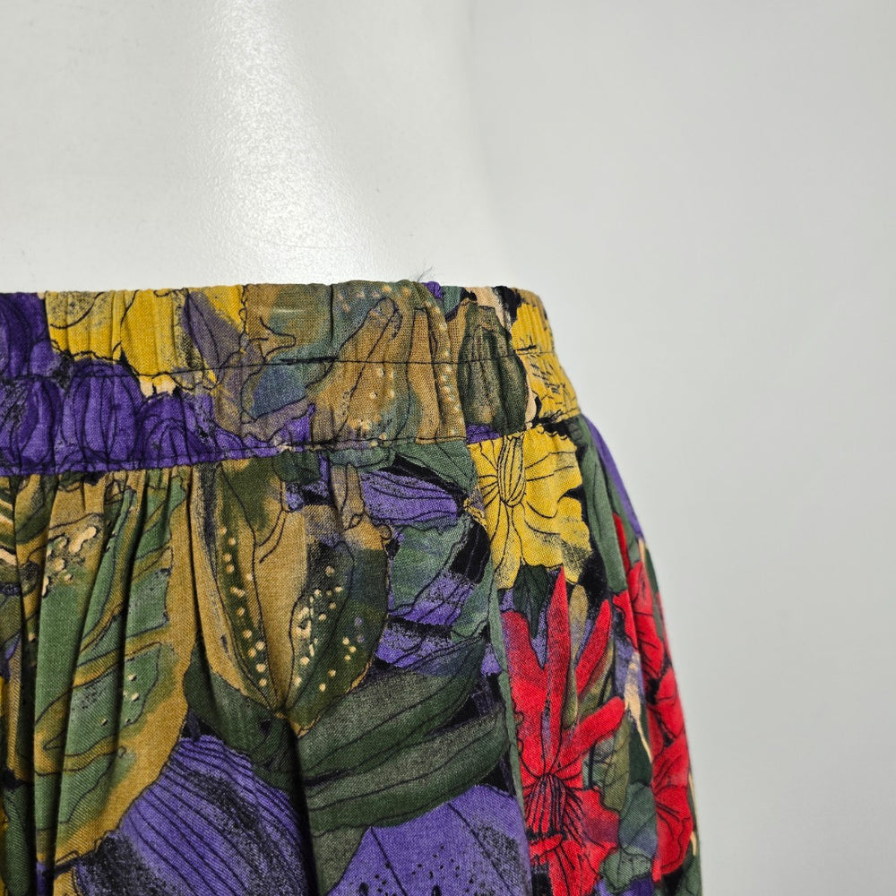 Vintage Floral Midi Skirt Viscose Elastic Waist 90s European Cottagecore