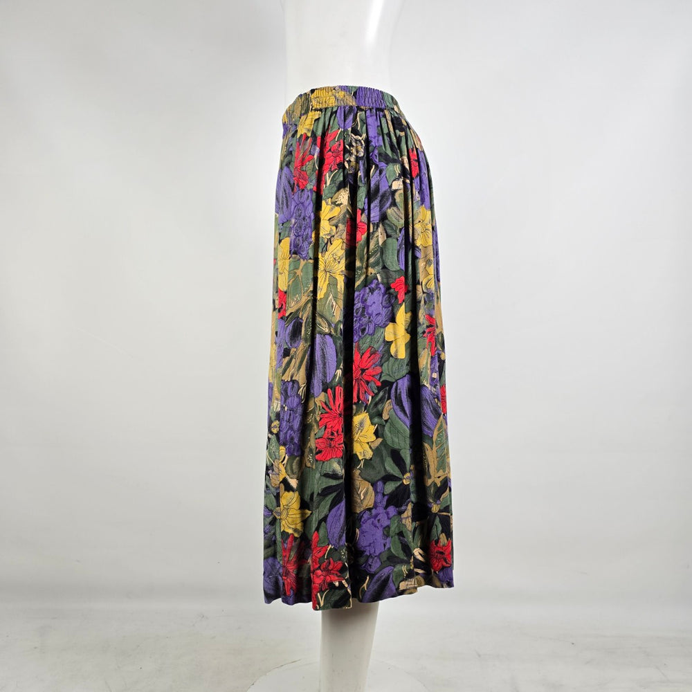 Vintage Floral Midi Skirt Viscose Elastic Waist 90s European Cottagecore
