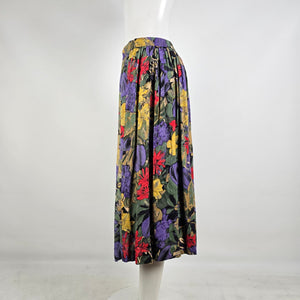 Vintage Floral Midi Skirt Viscose Elastic Waist 90s European Cottagecore