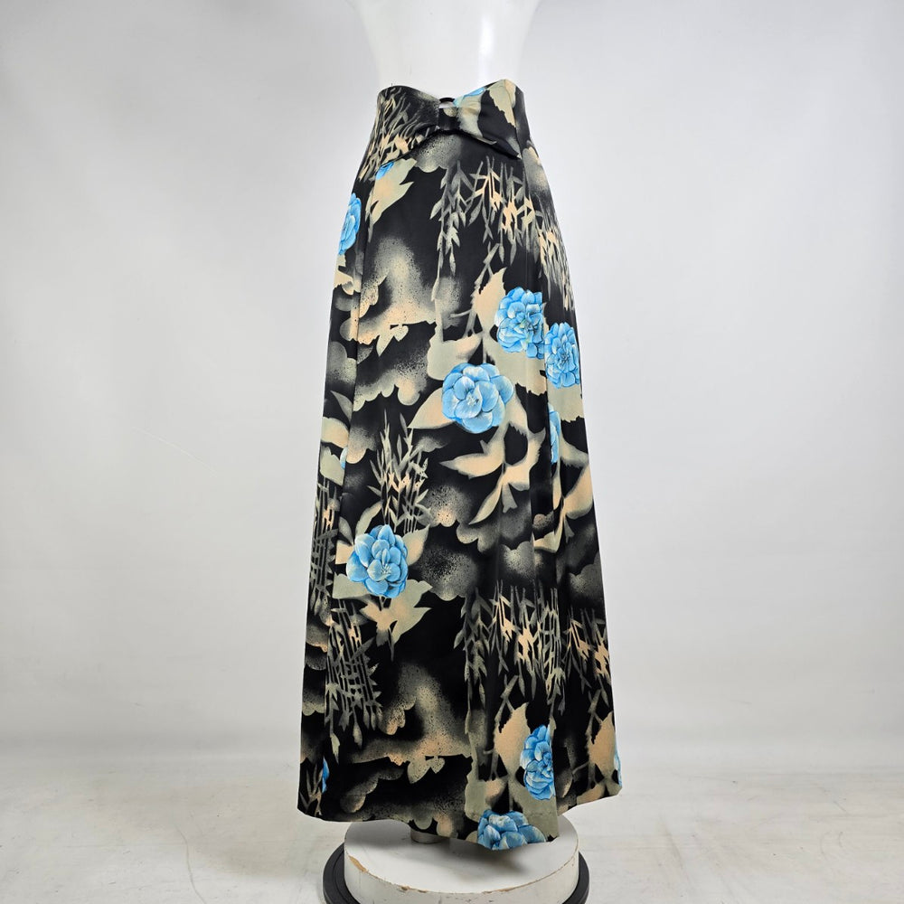 Vintage Mr Edward Black Floral Maxi Skirt 70s Inspired Blue Rose Size S