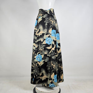 Vintage Mr Edward Black Floral Maxi Skirt 70s Inspired Blue Rose Size S