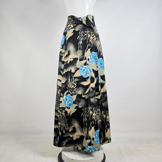 Vintage Mr Edward Black Floral Maxi Skirt 70s Inspired Blue Rose Size S