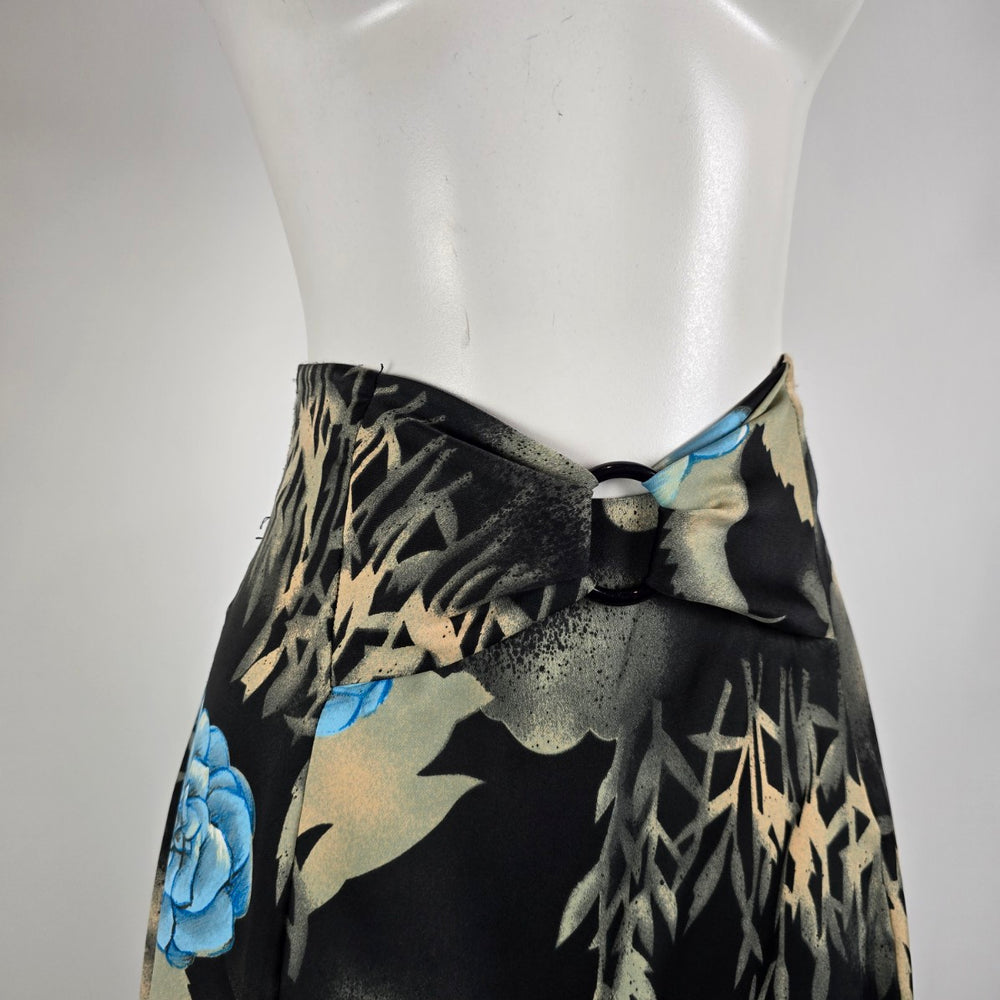 Vintage Mr Edward Black Floral Maxi Skirt 70s Inspired Blue Rose Size S