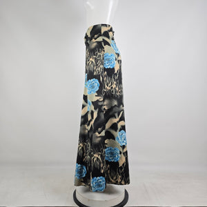 Vintage Mr Edward Black Floral Maxi Skirt 70s Inspired Blue Rose Size S