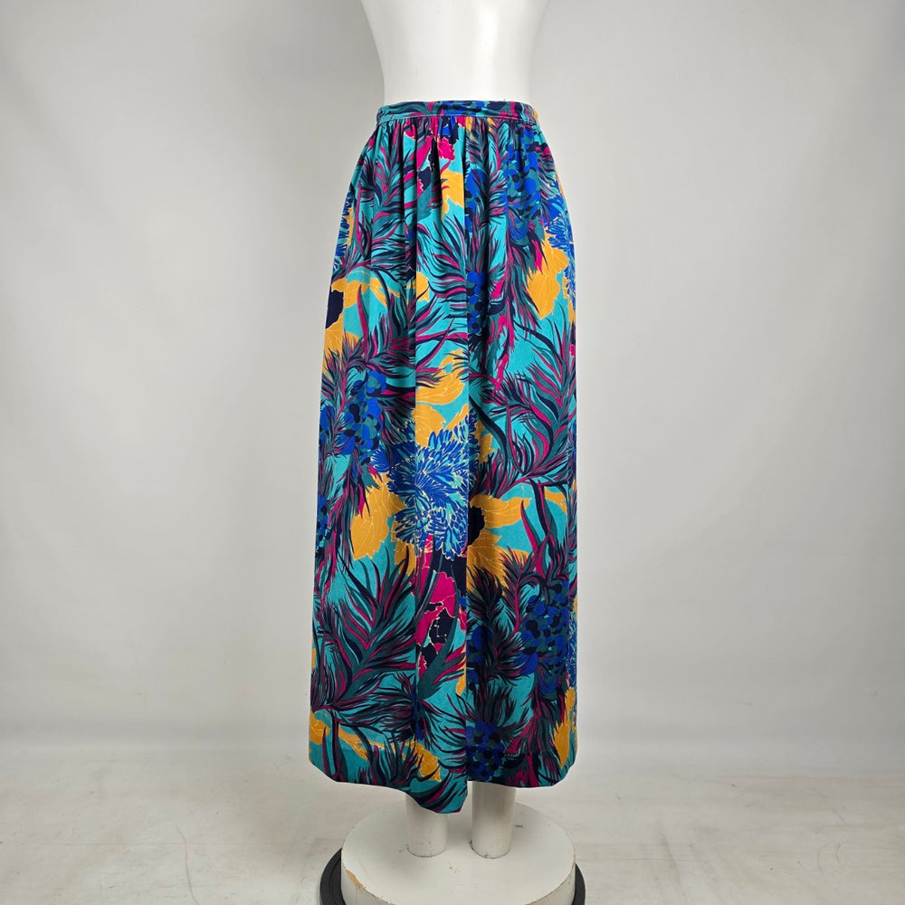 Vintage 80s Tropical Floral Midi Skirt Size S Teal Pink Resort Vacation A-Line