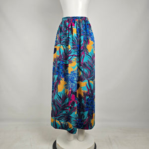 Vintage 80s Tropical Floral Midi Skirt Size S Teal Pink Resort Vacation A-Line