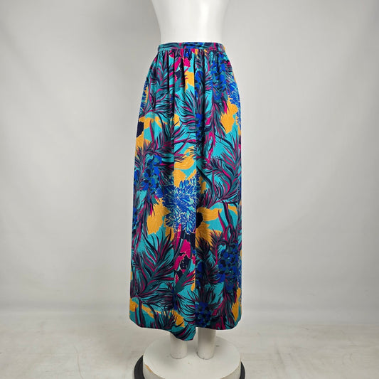 Vintage 80s Tropical Floral Midi Skirt Size S Teal Pink Resort Vacation A-Line