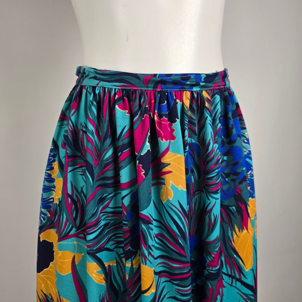 Vintage 80s Tropical Floral Midi Skirt Size S Teal Pink Resort Vacation A-Line