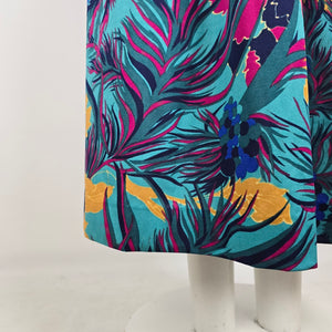 Vintage 80s Tropical Floral Midi Skirt Size S Teal Pink Resort Vacation A-Line