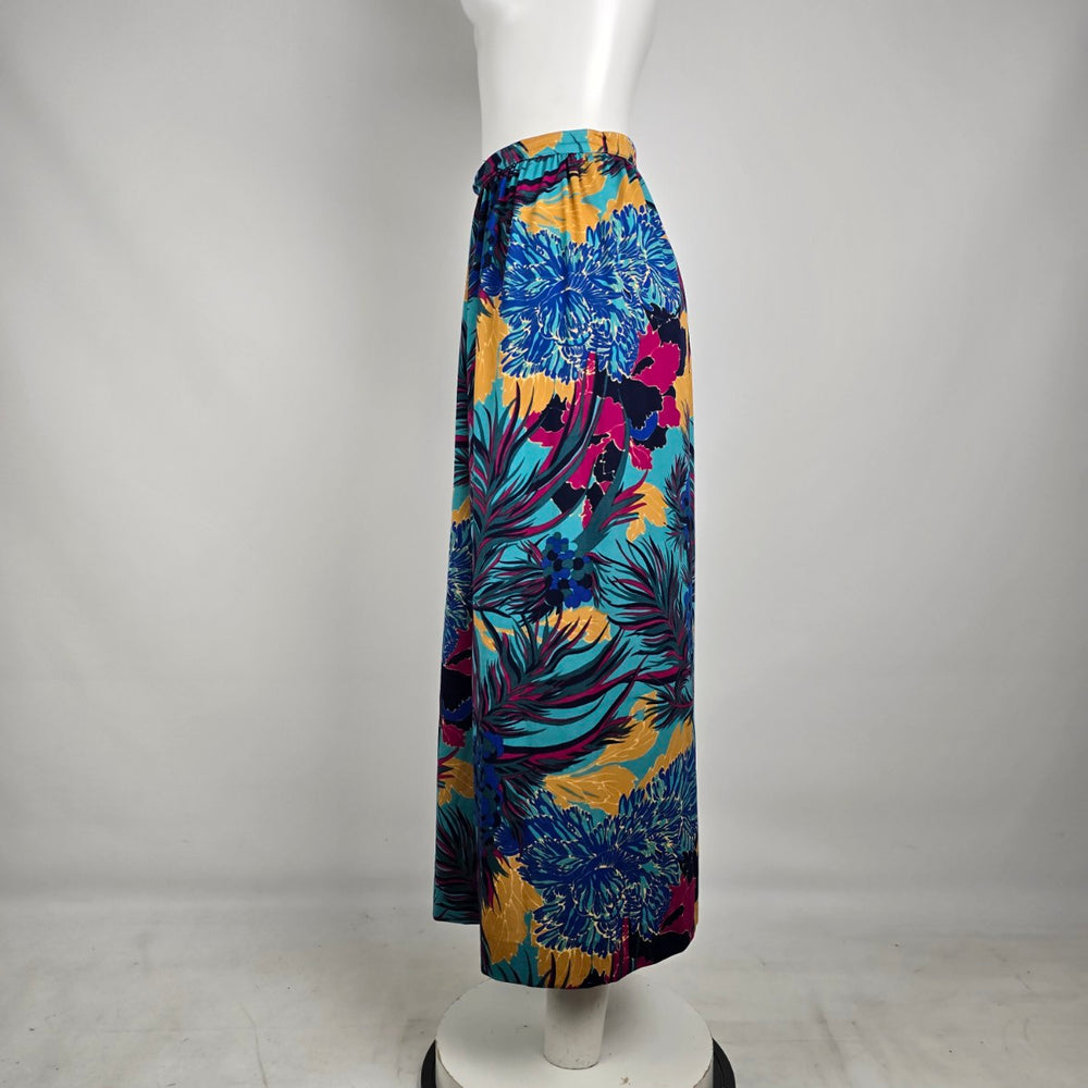 Vintage 80s Tropical Floral Midi Skirt Size S Teal Pink Resort Vacation A-Line