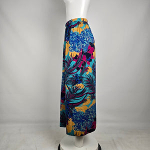 Vintage 80s Tropical Floral Midi Skirt Size S Teal Pink Resort Vacation A-Line