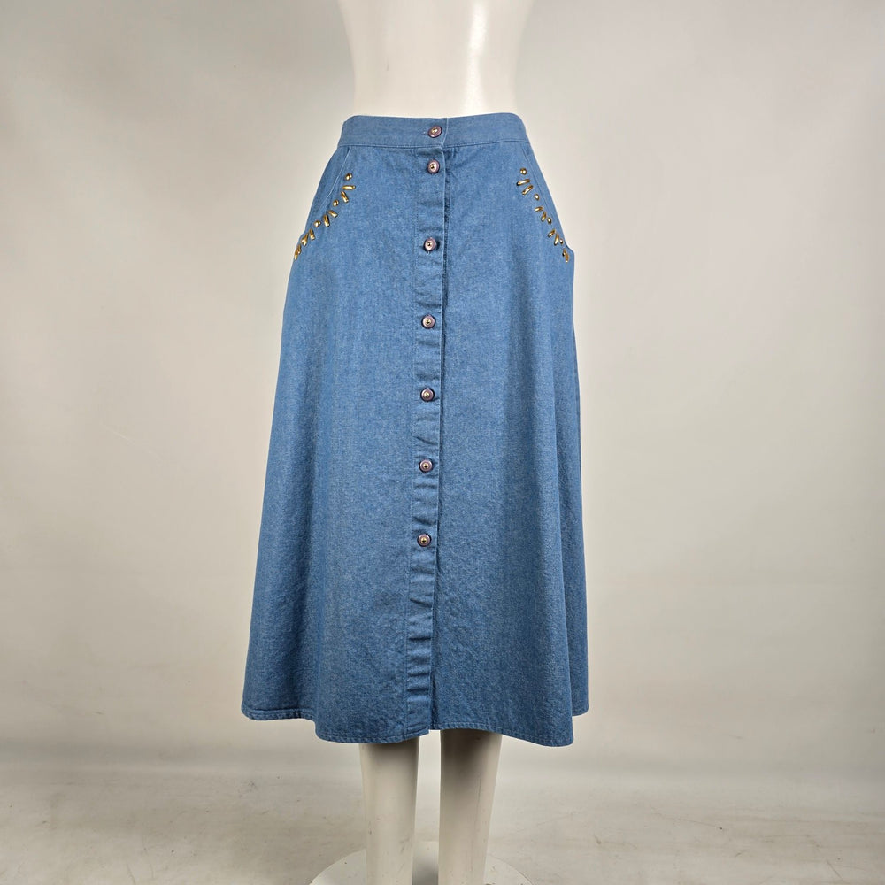 Vintage Cleo Petites Denim Button Front Midi Skirt Size 6 Western Cottagecore