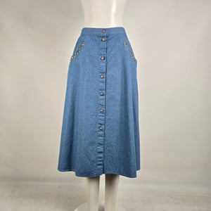 Vintage Cleo Petites Denim Button Front Midi Skirt Size 6 Western Cottagecore