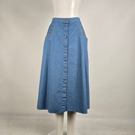Vintage Cleo Petites Denim Button Front Midi Skirt Size 6 Western Cottagecore