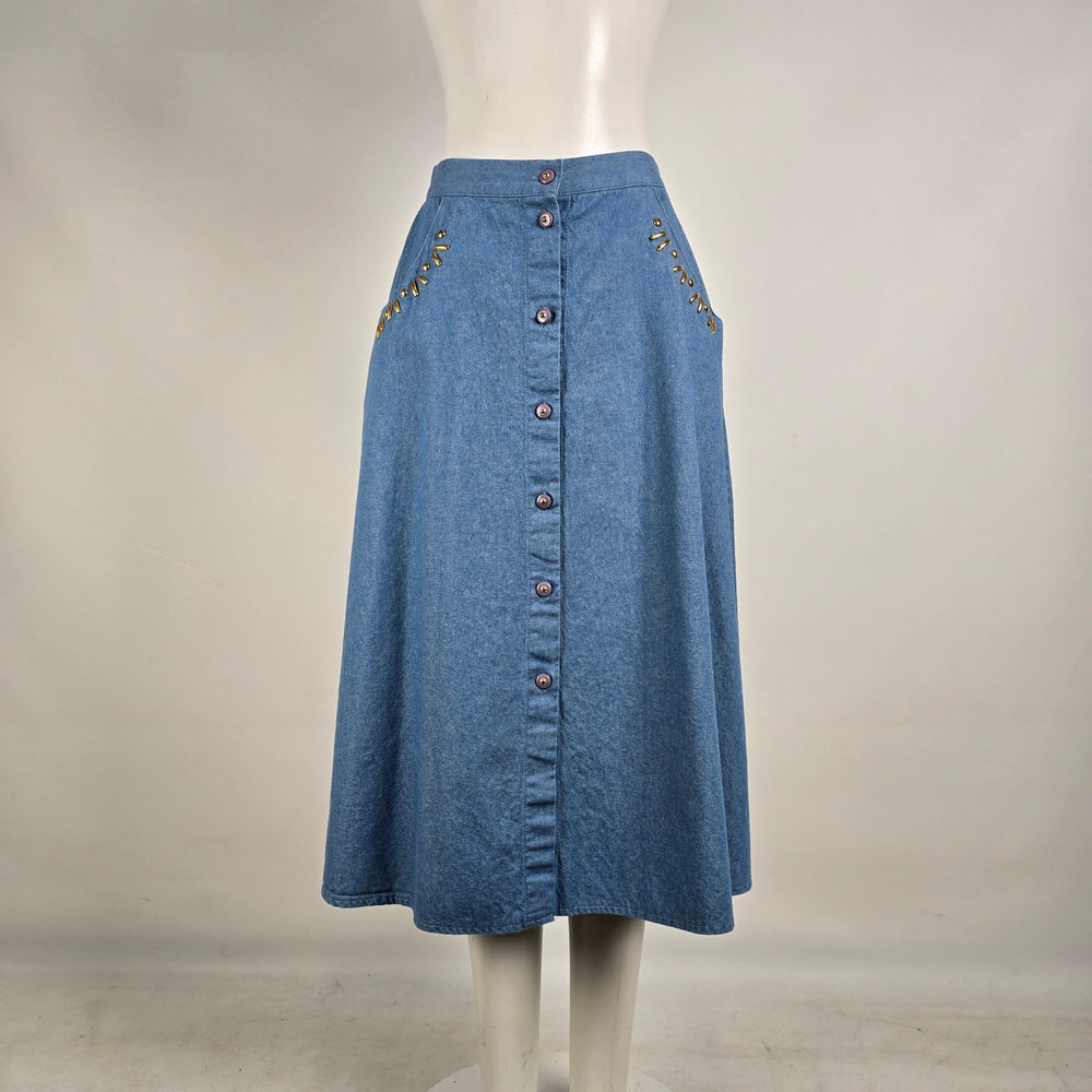 Vintage Cleo Petites Denim Button Front Midi Skirt Size 6 Western Cottagecore