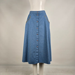 Vintage Cleo Petites Denim Button Front Midi Skirt Size 6 Western Cottagecore
