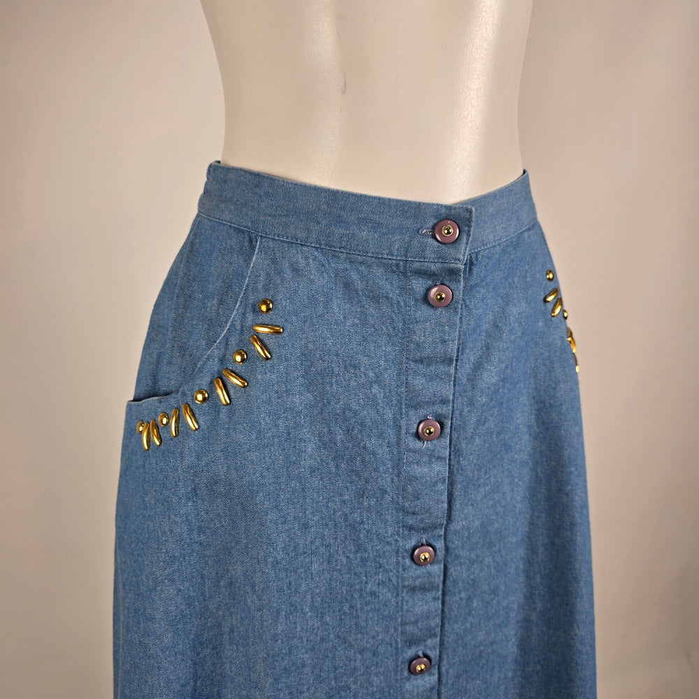 Vintage Cleo Petites Denim Button Front Midi Skirt Size 6 Western Cottagecore